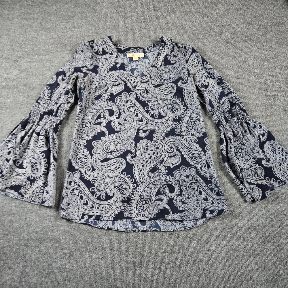 Michael Kors Blouse Womens S Navy Paisley Smocked Bell Sleeve V-Neck